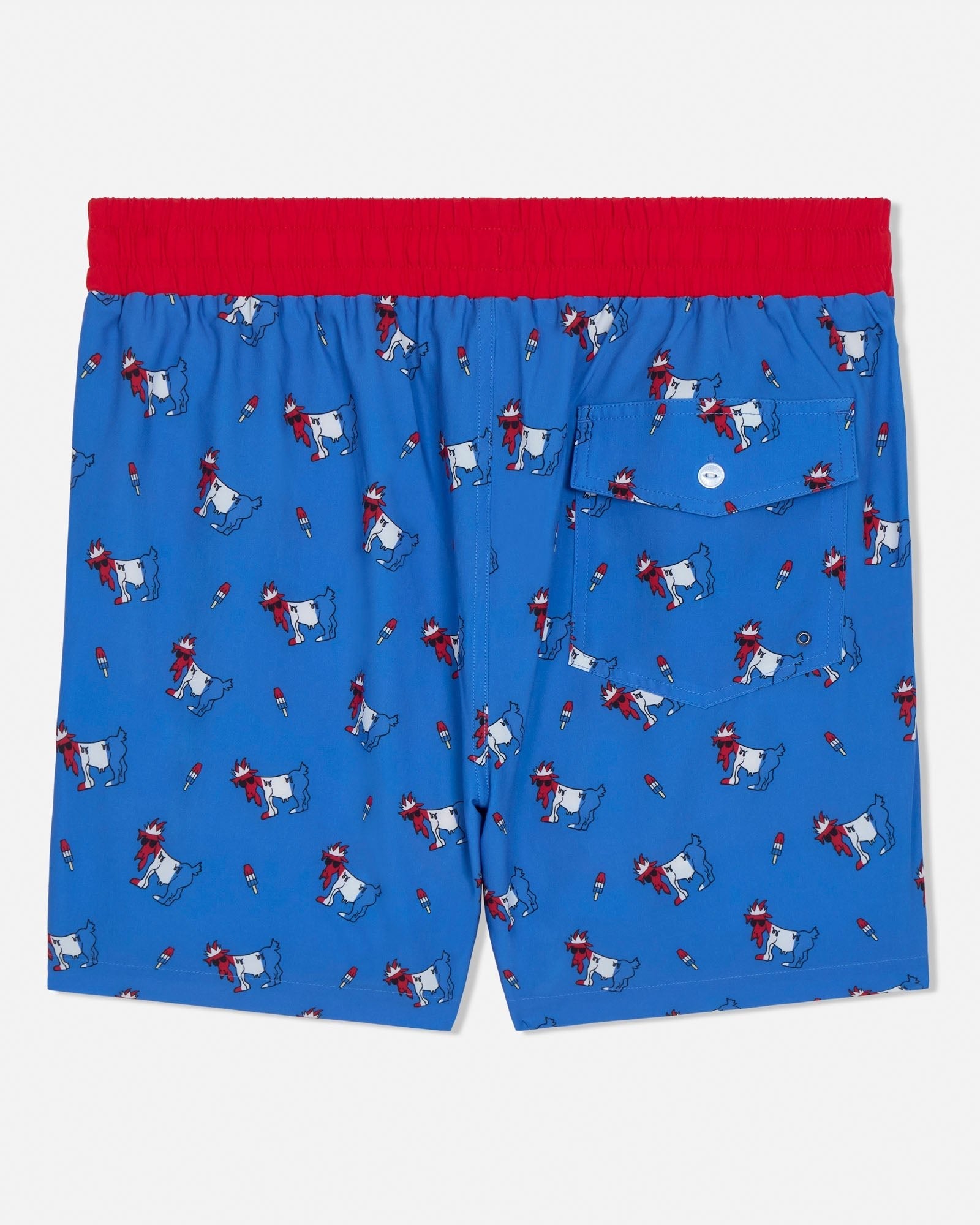 Blue swim shorts with a red waistband featuring a goat pattern on a white background