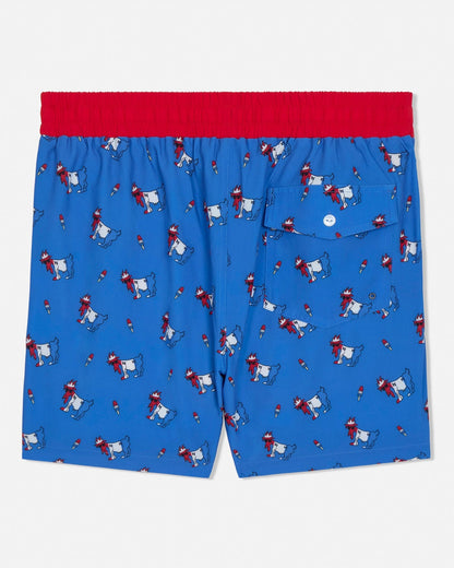 Blue swim shorts with a red waistband featuring a goat pattern on a white background