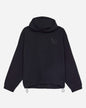 Black hoodie with a small logo on the back against a light gray background#color_black