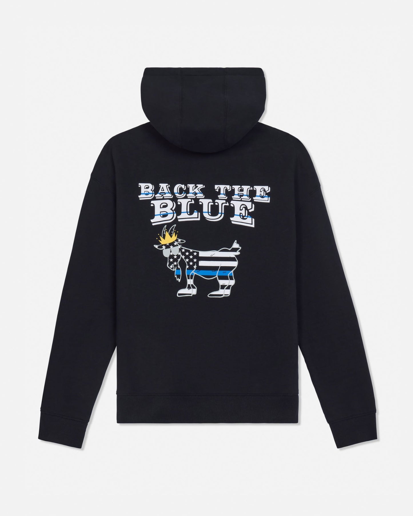 A black pullover hoodie shown from the back, featuring a graphic design with the text 'BACK THE BLUE' above a goat filled with a black-and-white American flag pattern and a blue stripe.