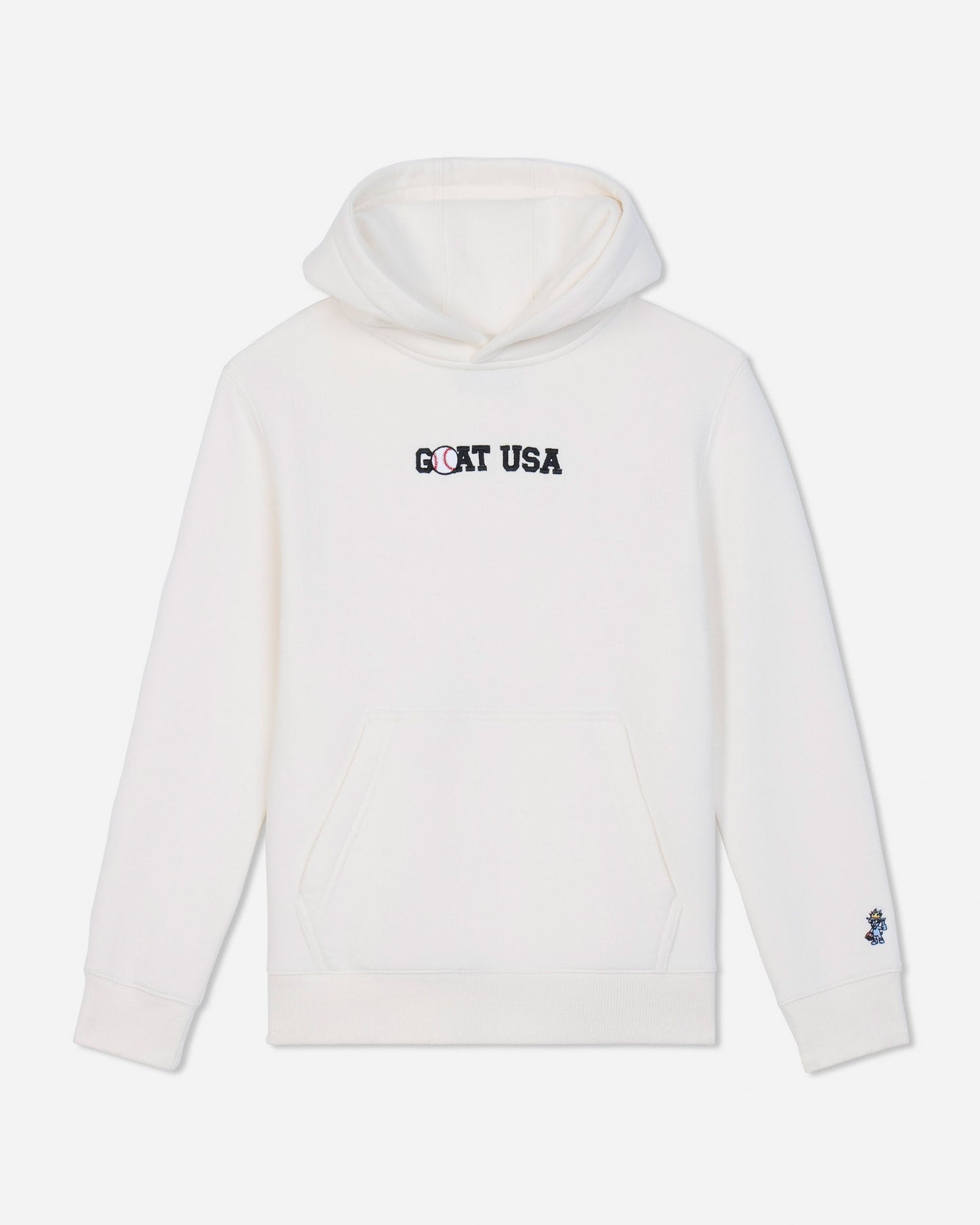 A white pullover hoodie with 'GOAT USA' printed in black across the chest and a small blue and white logo on the left sleeve cuff, shown against a light gray background.