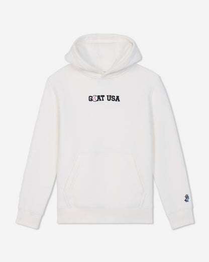 A white pullover hoodie with 'GOAT USA' printed in black across the chest and a small blue and white logo on the left sleeve cuff, shown against a light gray background.