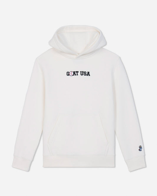 A white pullover hoodie with 'GOAT USA' printed in black across the chest and a small blue and white logo on the left sleeve cuff, shown against a light gray background.