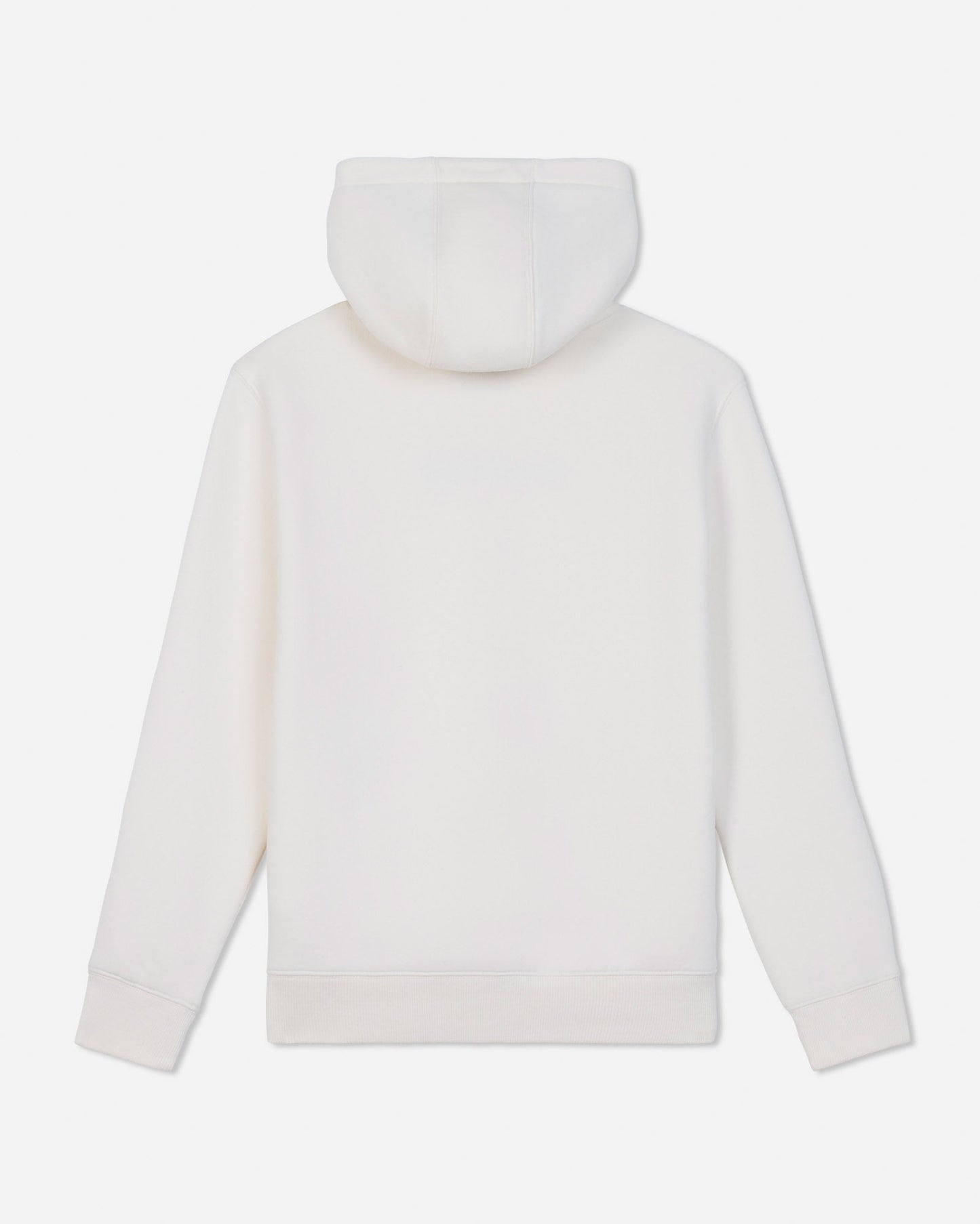 A plain white hooded sweatshirt shown from the back, photographed against a clean white background.