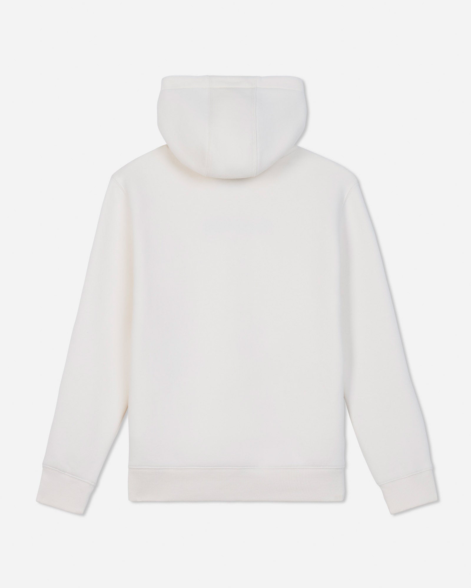 A plain white hooded sweatshirt shown from the back, photographed against a clean white background.