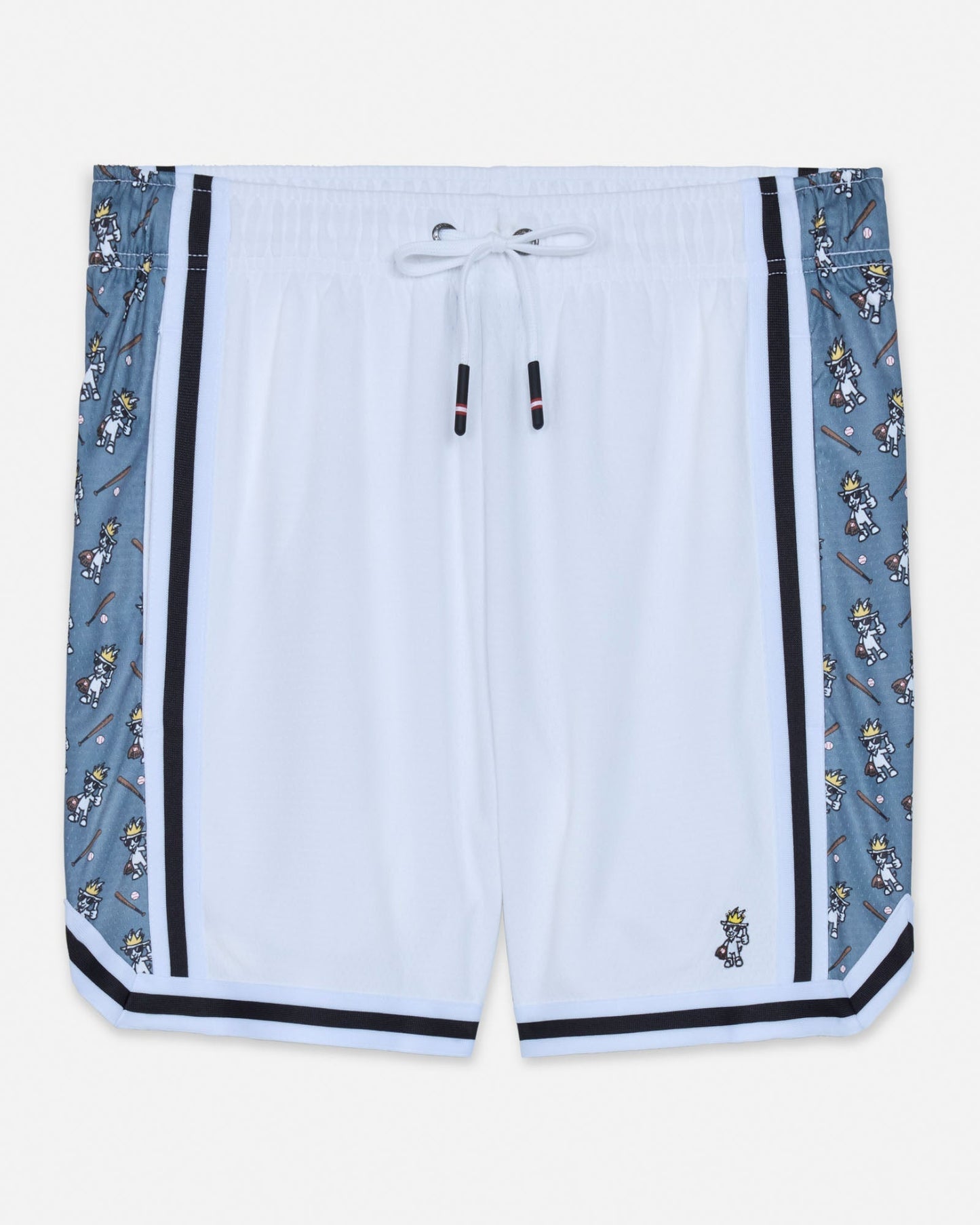 White mesh shorts with a baseball goat design