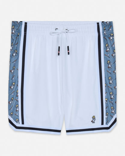White mesh shorts with a baseball goat design