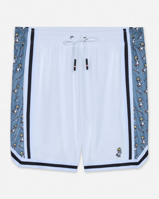 White mesh shorts with a baseball goat design