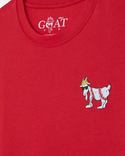 Red t-shirt with a small goat graphic and 'Small GOAT USA' text on a red background