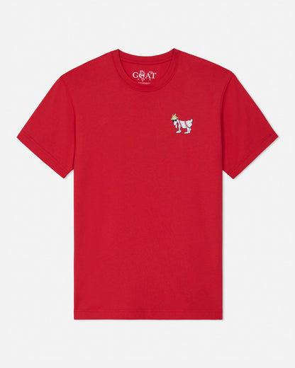 Red t-shirt with a small logo on the chest against a white background