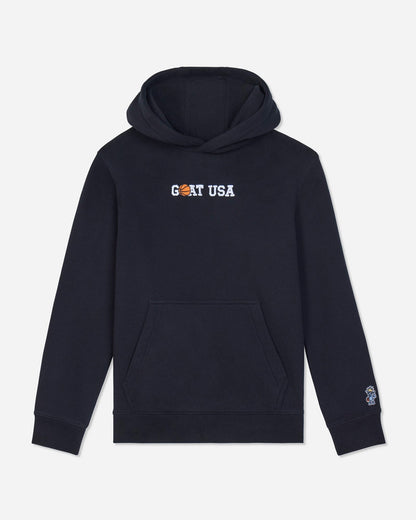 A black pullover hoodie with 'GOAT USA' printed across the chest in white and orange, and a small Goats Head logo on the left sleeve cuff, shown against a light gray background.
