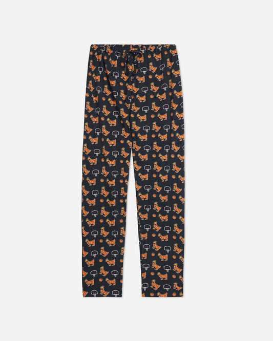 Front of black basketball-themed pajama pants