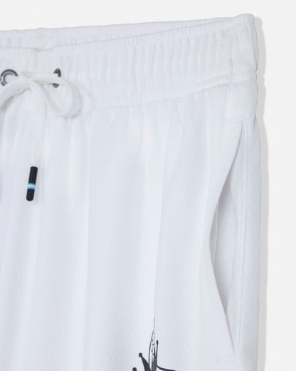 White shorts with a black logo on a white background#color_white