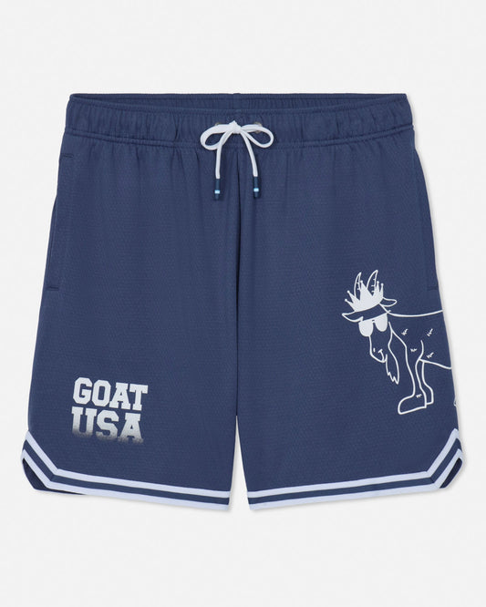 Navy blue shorts with white graphics and text on a light gray background#color_navy