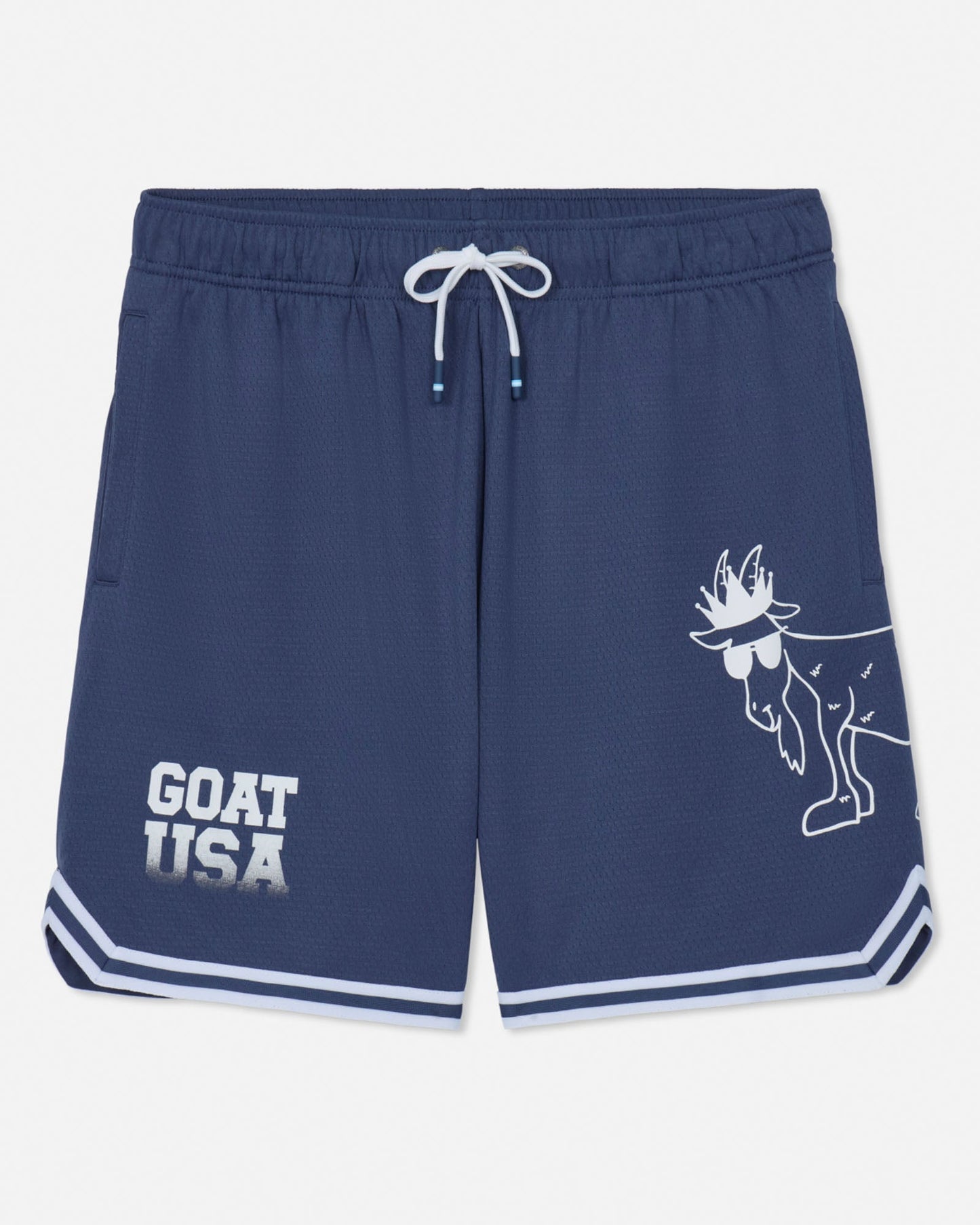 Navy blue shorts with white graphics and text on a light gray background#color_navy