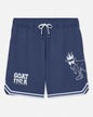 Navy blue shorts with white graphics and text on a light gray background#color_navy