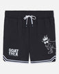 Black shorts with white graphics and text on a light gray background#color_black