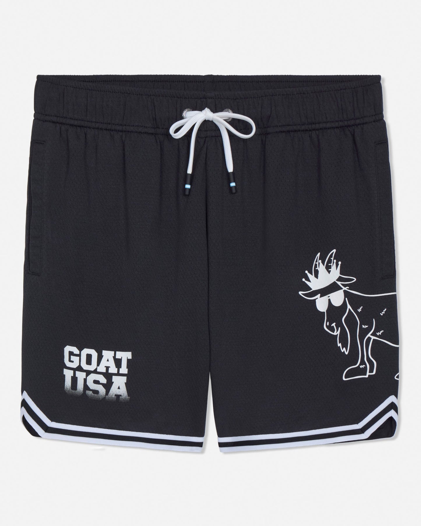 Black shorts with white graphics and text on a light gray background#color_black