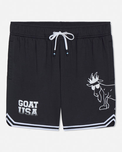 Black shorts with white graphics and text on a light gray background#color_black