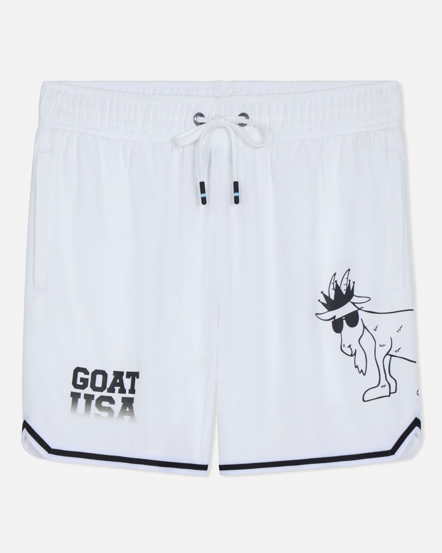 White shorts with black graphics and text on a light gray background#color_white