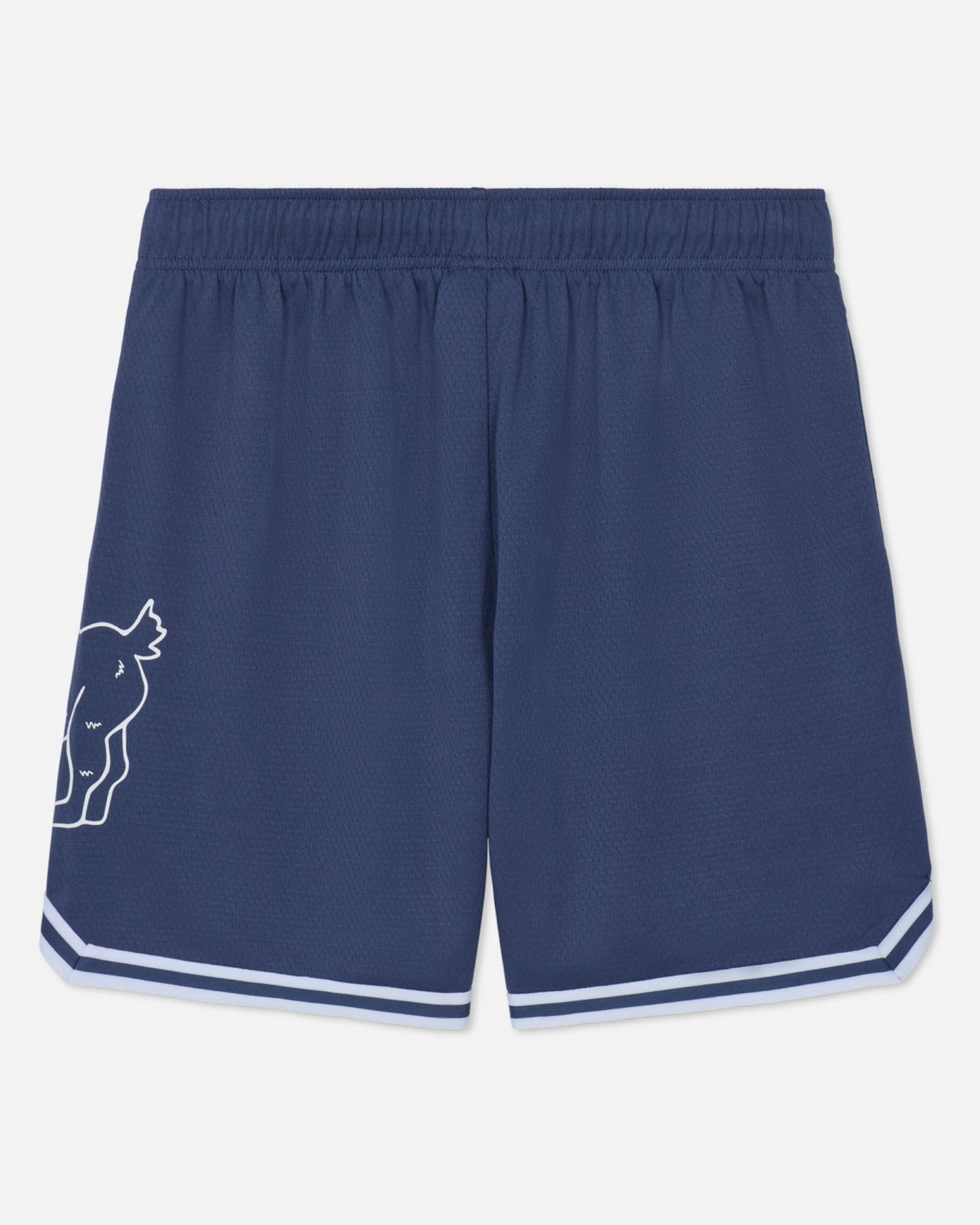 Navy blue shorts with a logo on a light gray background#color_navy