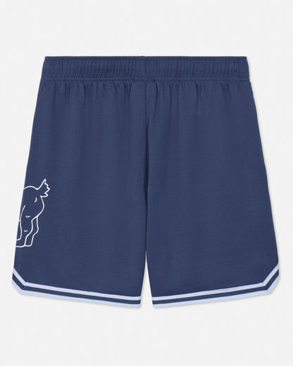 Navy blue shorts with a logo on a light gray background#color_navy