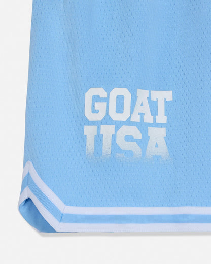 Close up of 'GOAT USA' text on carolina blue shorts#color_carolina-blue