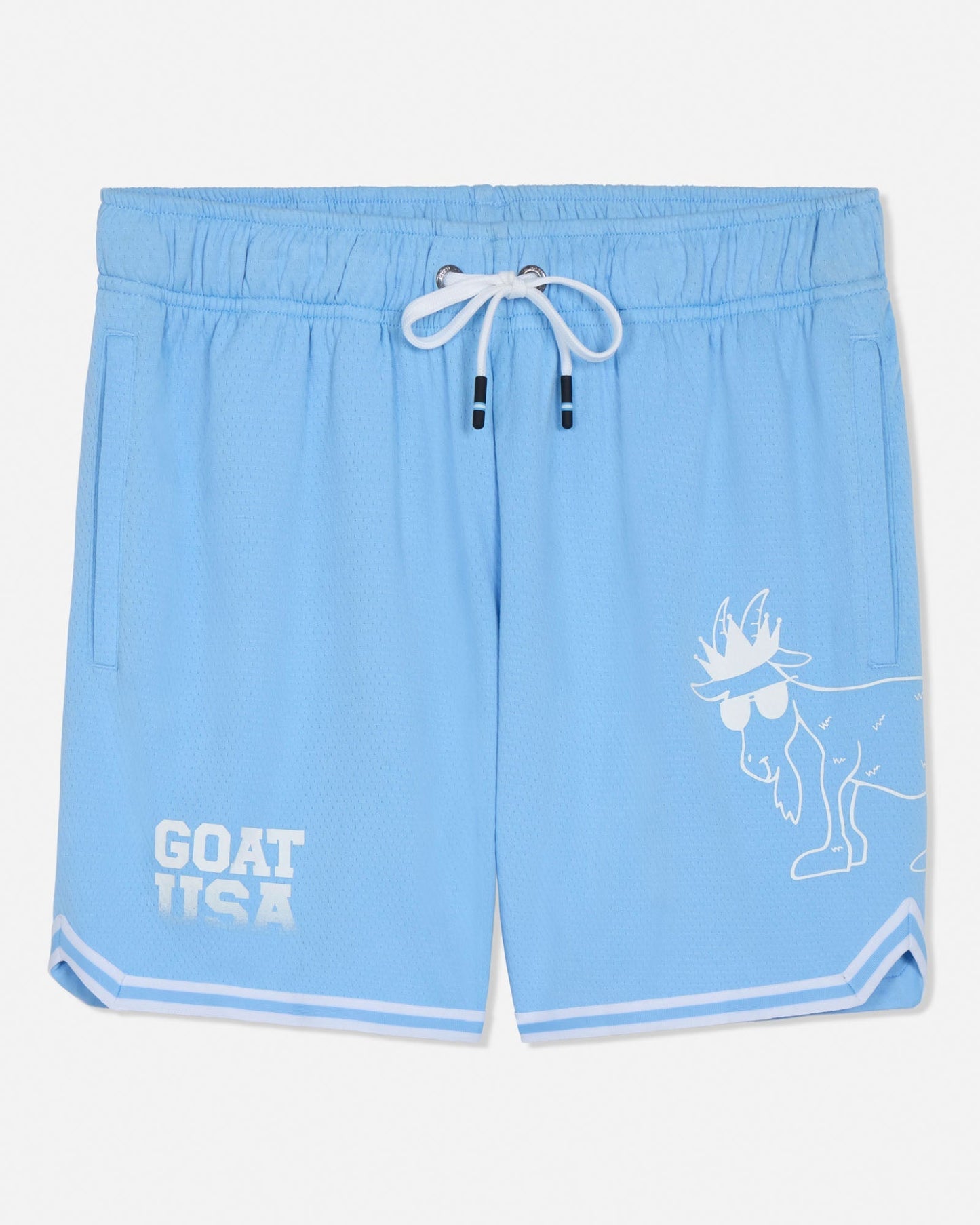 Carolina blue shorts with white graphics and text on a light gray background#color_carolina-blue