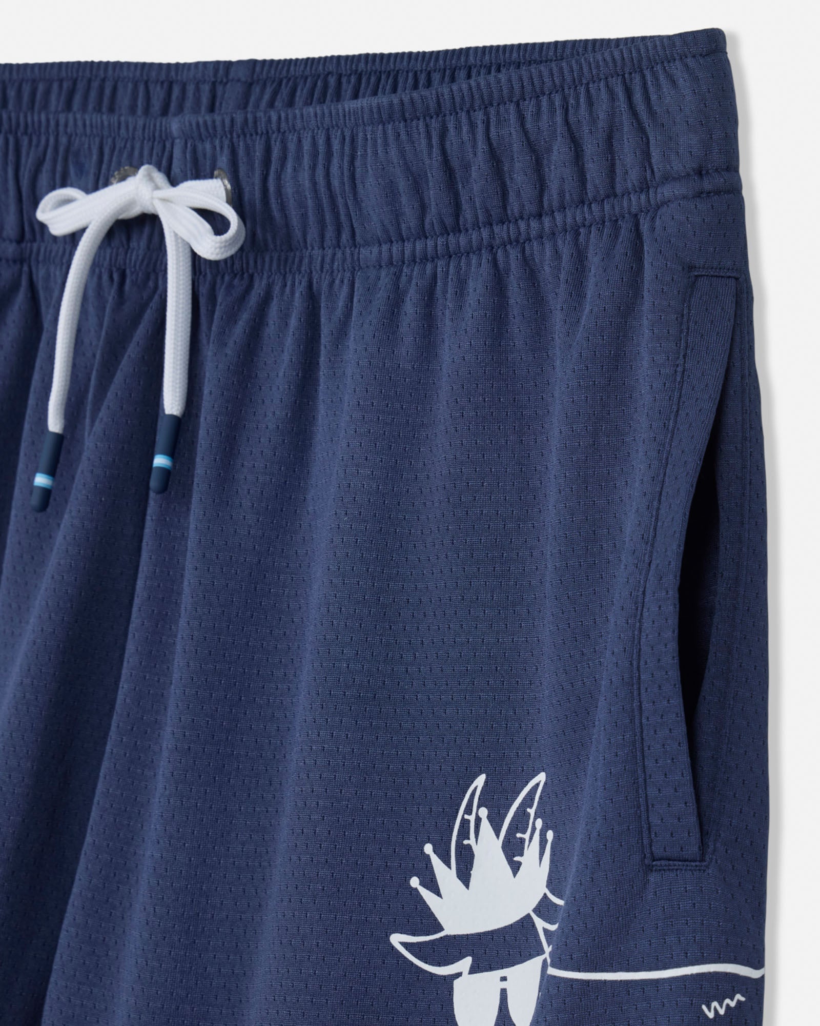 Navy shorts with a white graphic design on a light gray background#color_navy