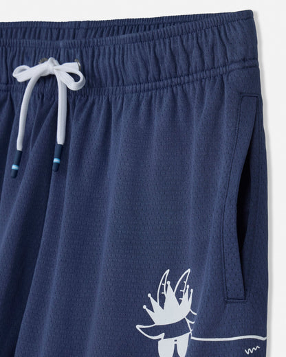 Navy shorts with a white graphic design on a light gray background#color_navy