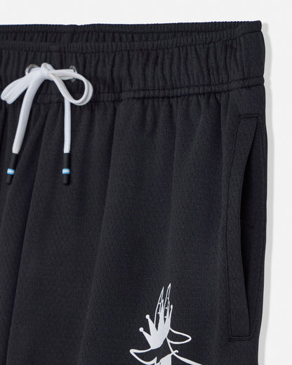 Black shorts with a white graphic design on a white background#color_black