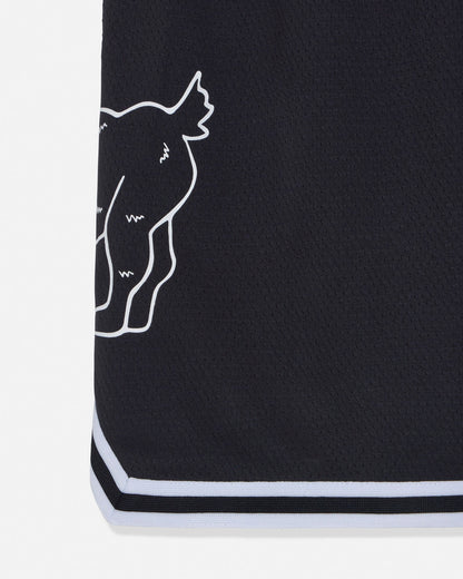 Black shorts with a white outline of a goat design on a white background#color_black