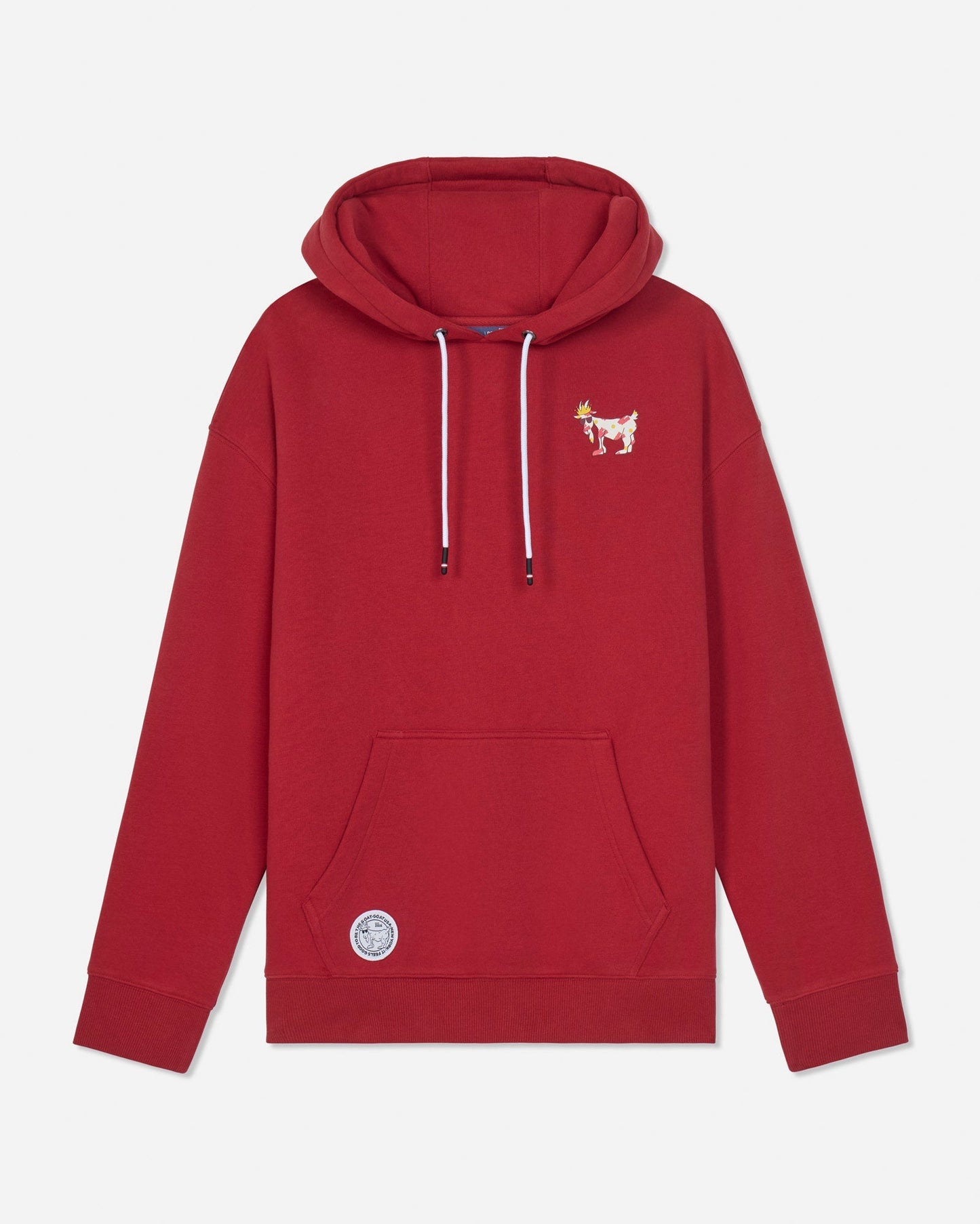 A red pullover hoodie with white drawstrings, featuring a small embroidered goat logo on the left chest and a circular patch near the bottom pocket, displayed on a light gray background.