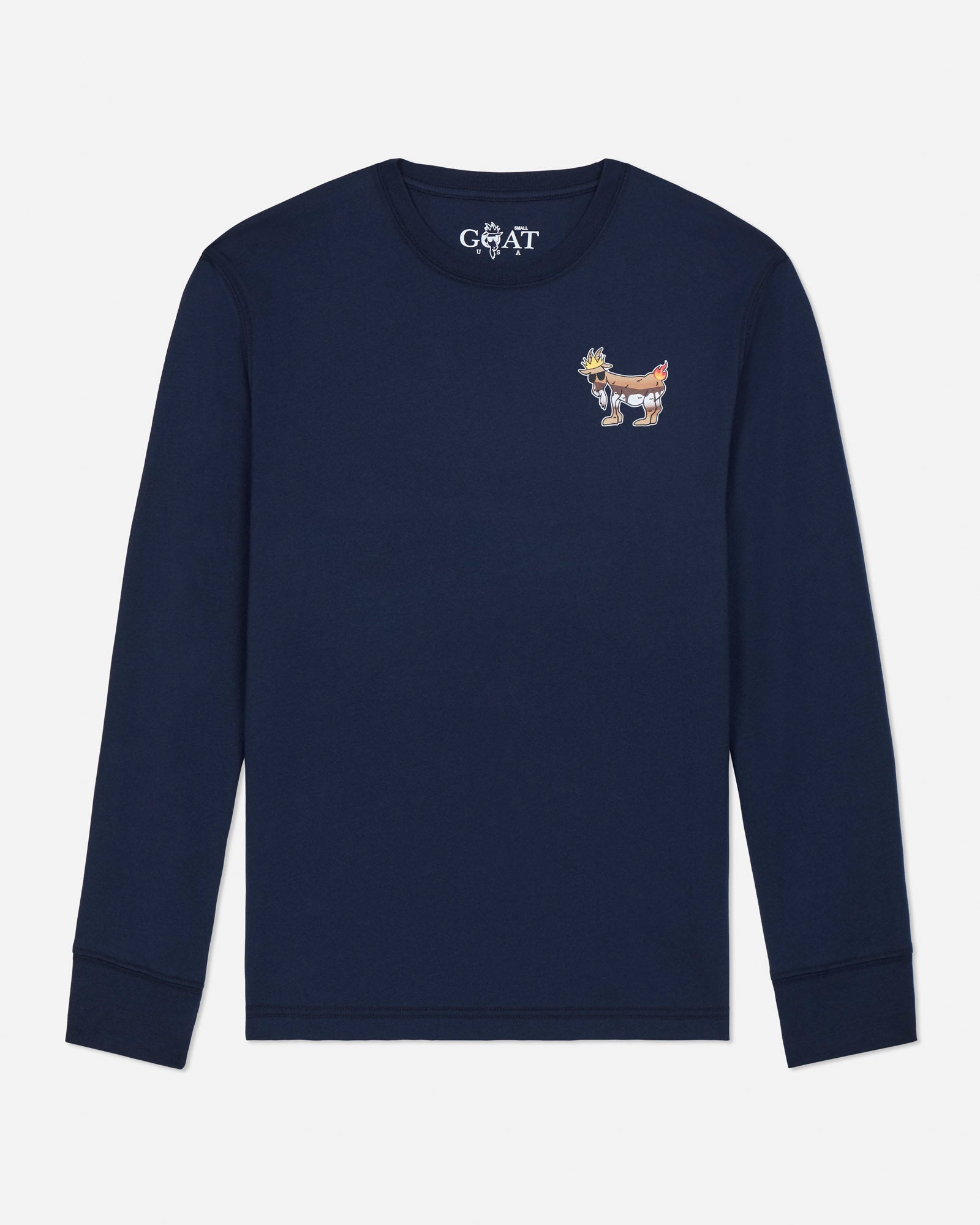 Navy blue long-sleeve shirt with a small design on a light gray background