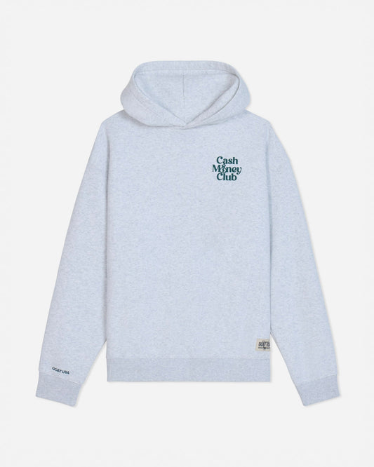 A light heather gray pullover hoodie with 'Cash Money Club' printed in dark green on the left chest, displayed against a light gray background.