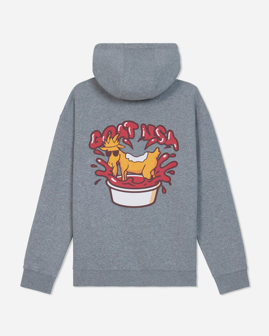 A heather gray pullover hoodie shown from the back, featuring a graphic print of a yellow cartoon goat in sunglasses splashing in red sauce inside a white bowl.