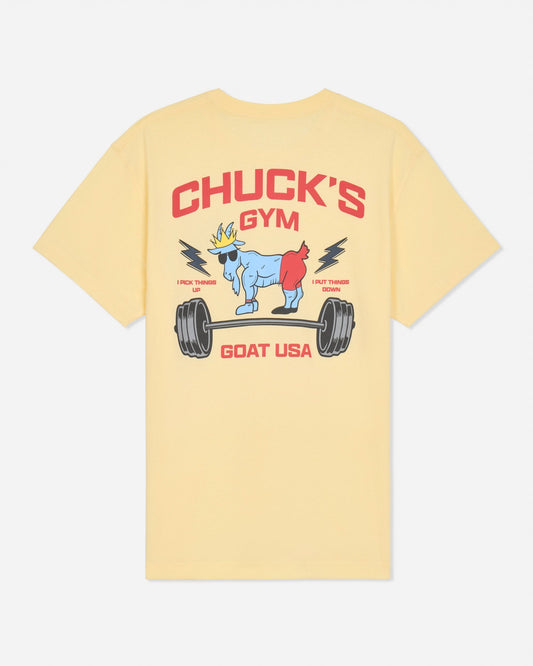 Back of yellow t-shirt with muscle goat and barbell graphic