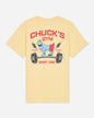 Back of yellow t-shirt with muscle goat and barbell graphic