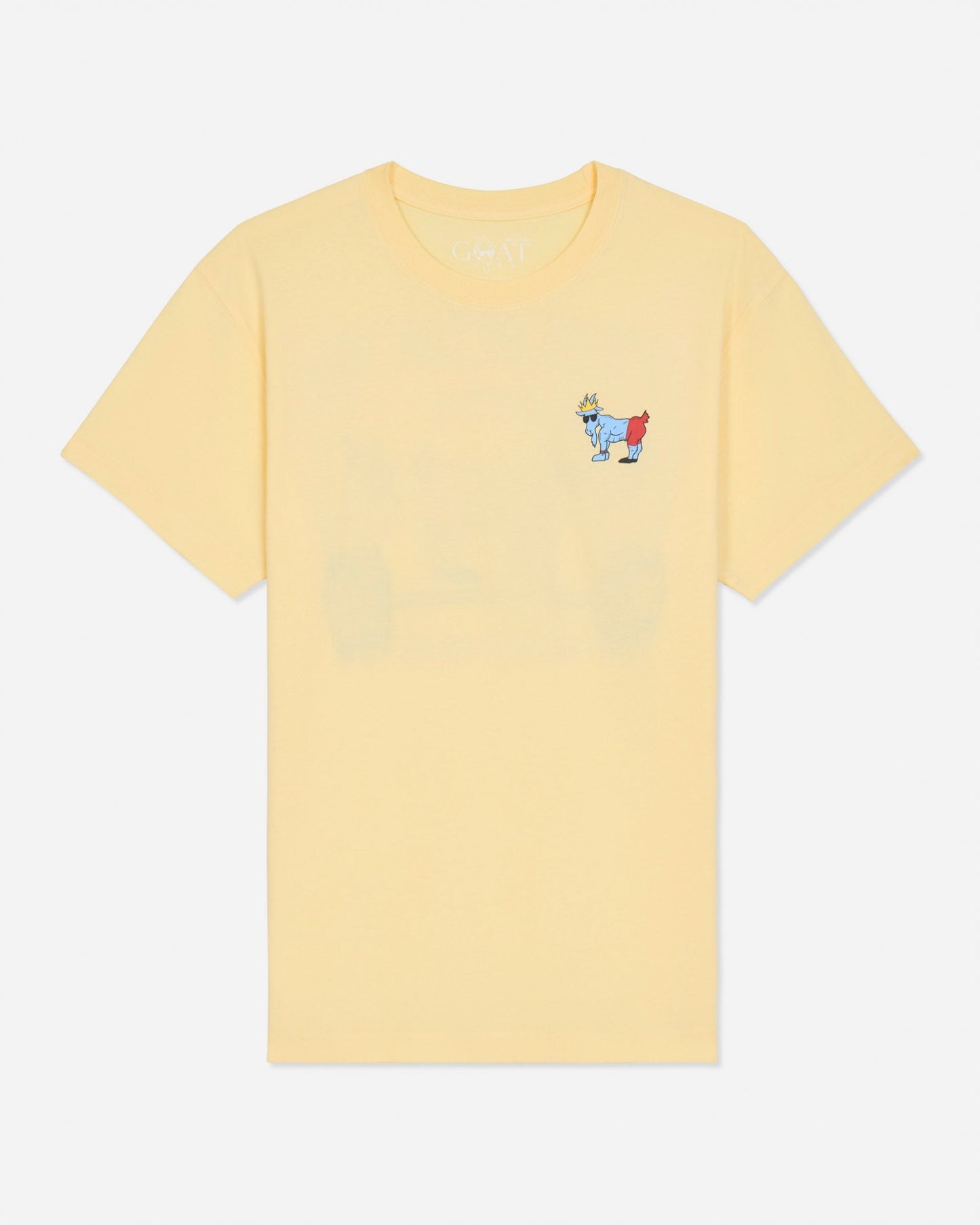 A pale yellow short-sleeve crewneck t-shirt with a small embroidered cartoon goat graphic on the left chest, displayed against a light gray background.