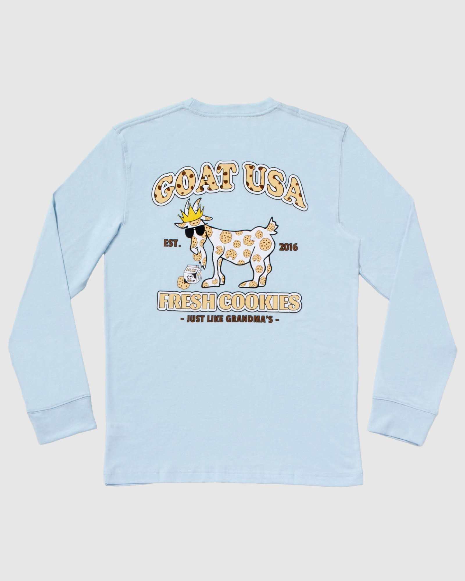 Ice blue long sleeve with cookies and milk goat