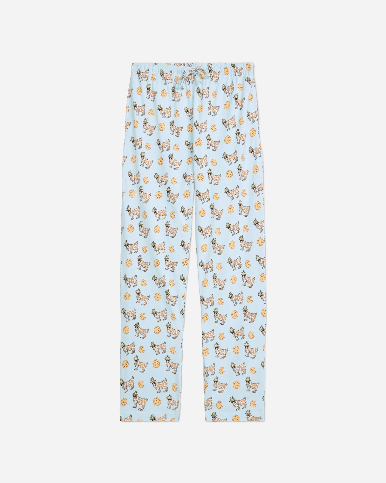 Front of ice blue pajama pants with cookie and cookie goats pattern