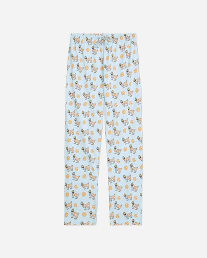 Front of ice blue pajama pants with cookie and cookie goats pattern
