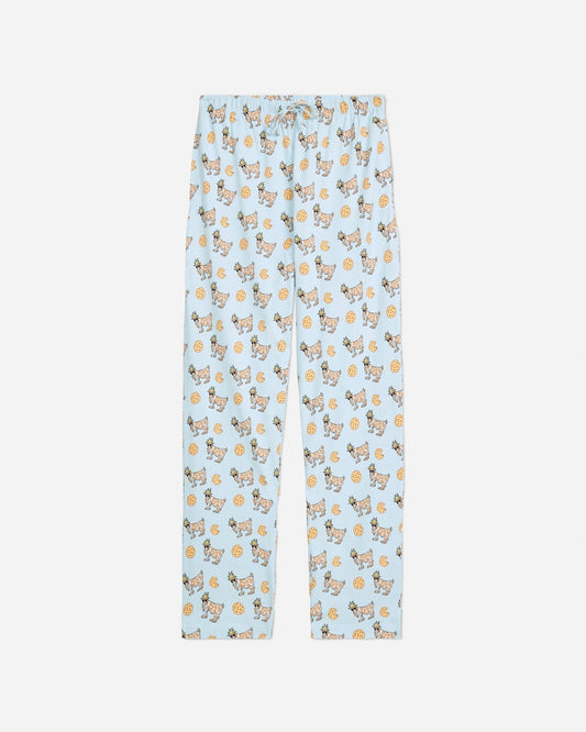 Front of ice blue pajama pants with cookie and cookie goats pattern
