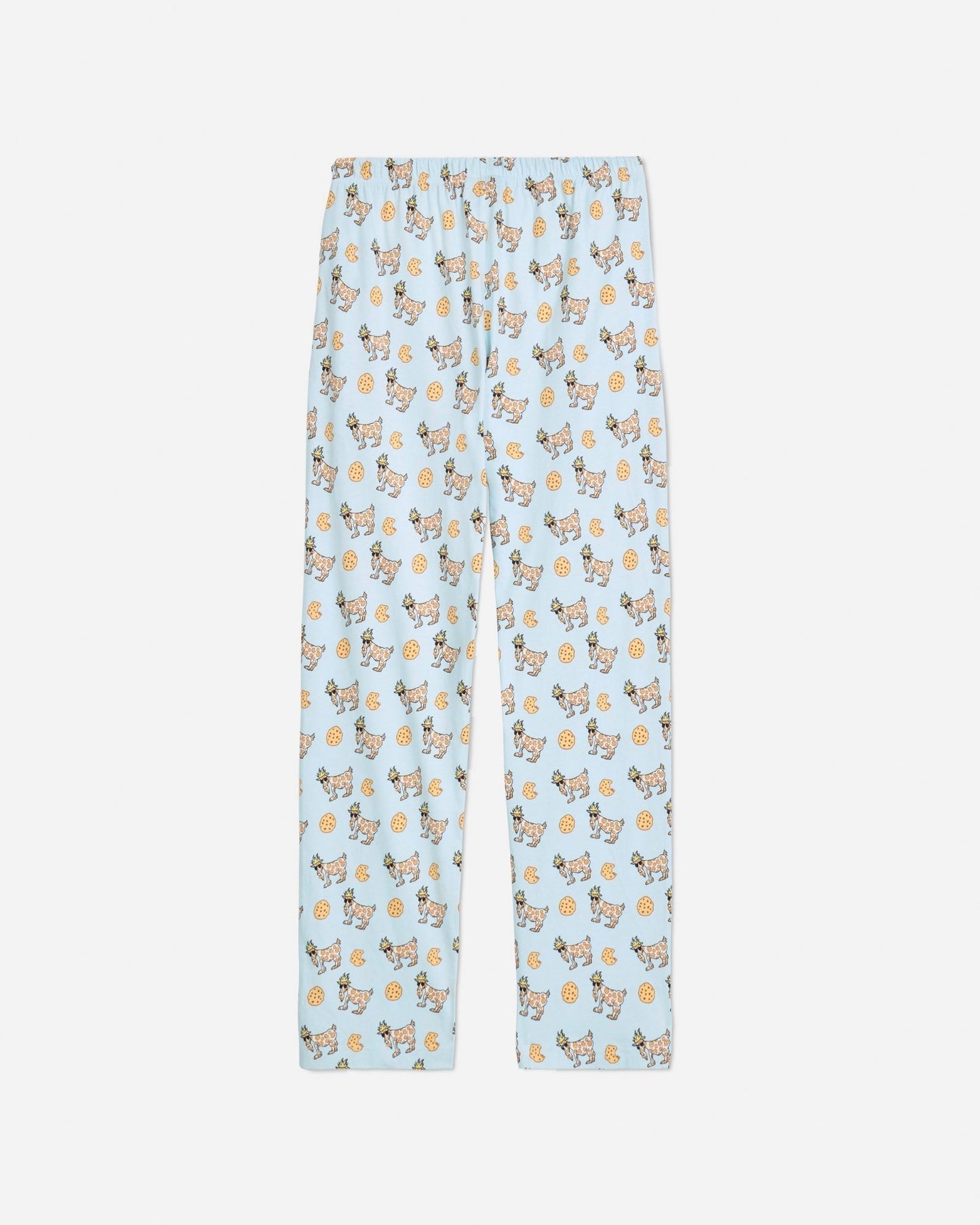 Back of ice blue pajama pants with cookie and cookie goats pattern