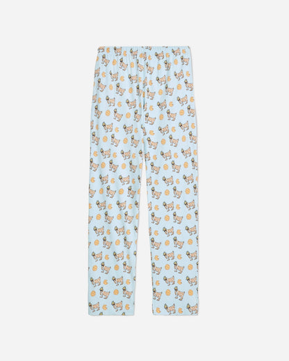 Back of ice blue pajama pants with cookie and cookie goats pattern