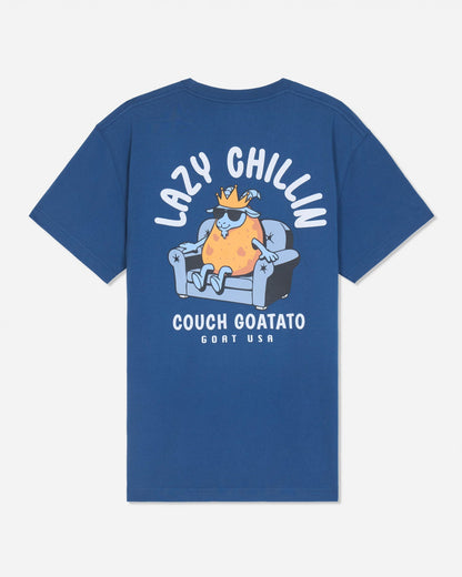 Back of blue t-shirt with couch potato goat graphic