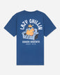 Back of blue t-shirt with couch potato goat graphic