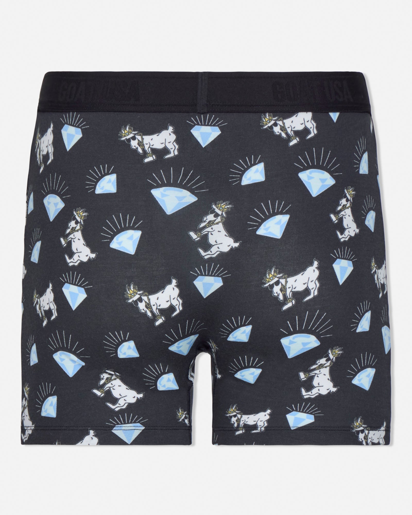Black boxer briefs with white goat and blue diamond pattern on a white background