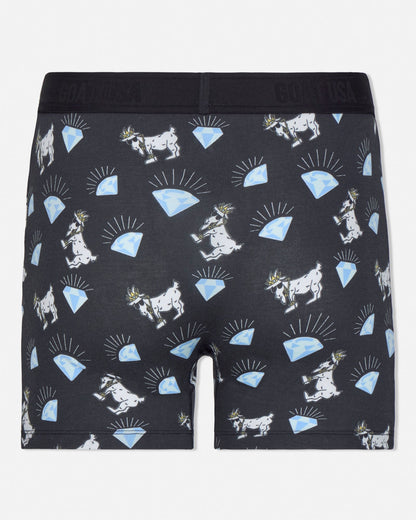 Black boxer briefs with white goat and blue diamond pattern on a white background