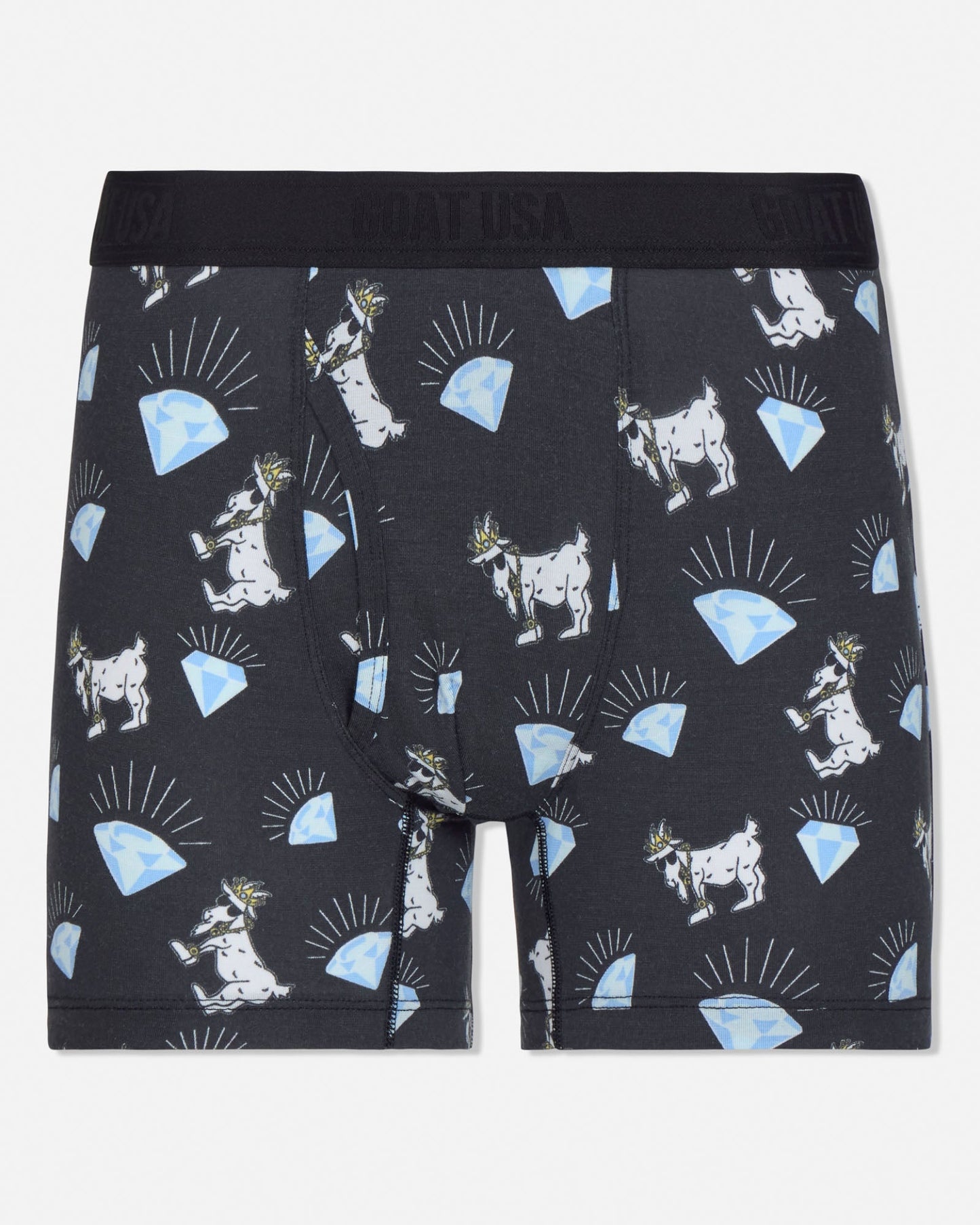 Black boxer briefs with white goat and blue diamond pattern on a white background